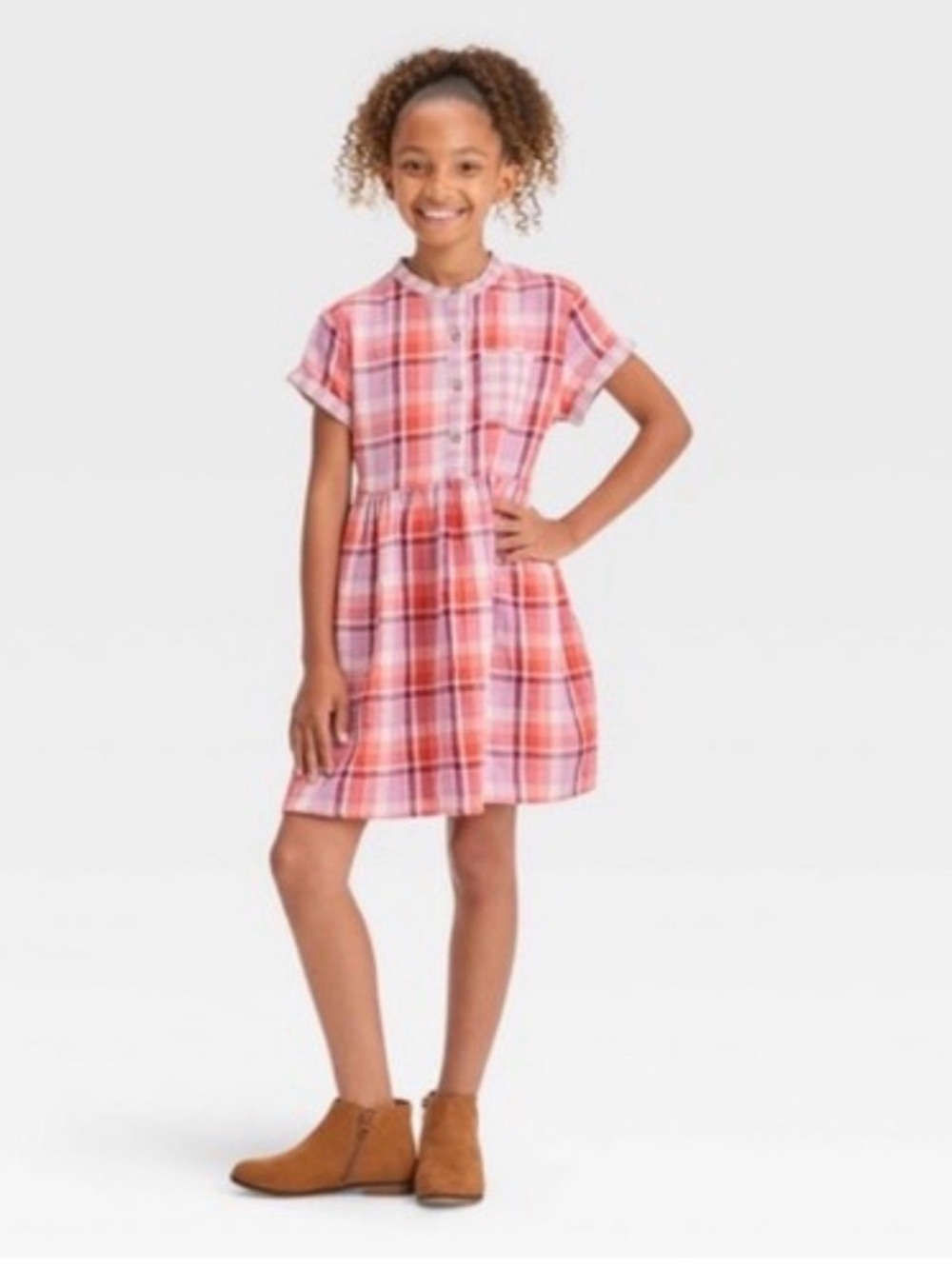 Cat & Jack Pink Plaid Short Sleeve Shirt Dress